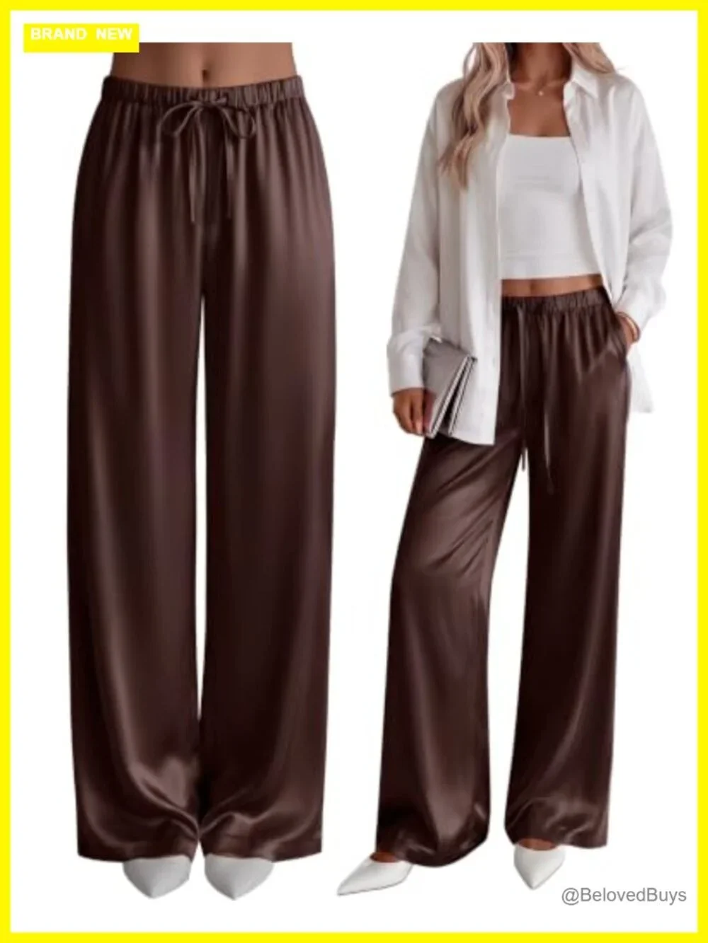 Satin Wide Leg Pants with Pockets Elastic Waist Drawstring Flowy Trousers